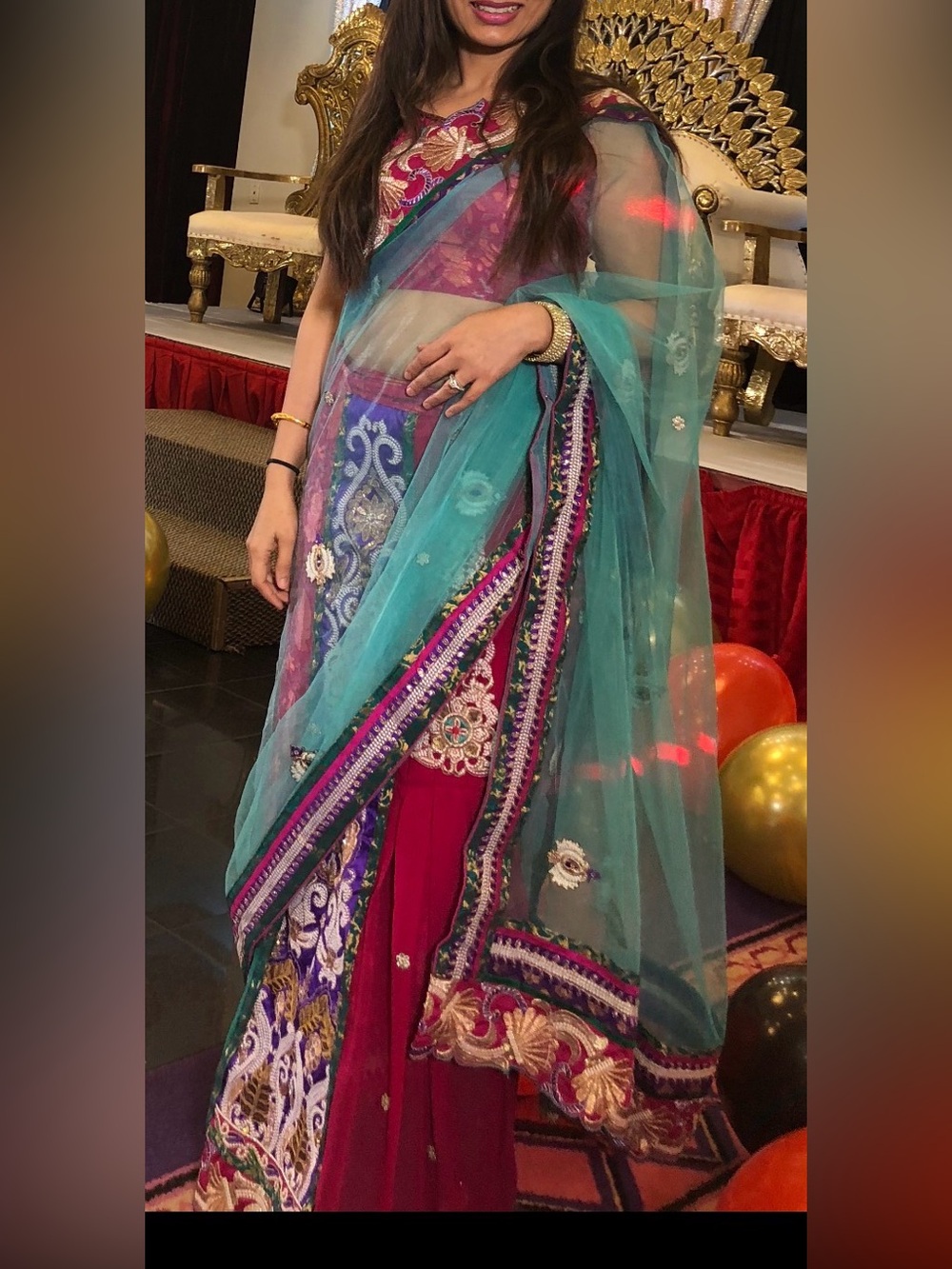 Teal & Magenta Embroidered Indian Stitched Saree
